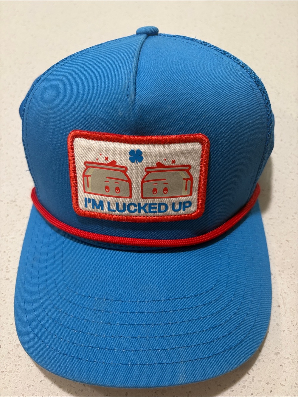 Black Clover 🍀 Blue 'I'm Lucked Up' Trucker Hat with Red Trim